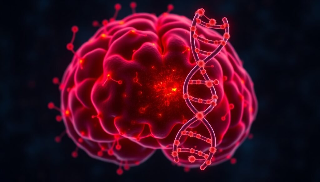 A hyper-realistic digital illustration showing a central microglial cell in the brain, glowing with red and orange inflammatory signals. Surrounding neurons are faintly visible in a dark blue background, and a stylized DNA helix with epigenetic marks is superimposed on the microglia, representing immune memory.