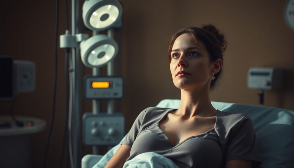 A realistic depiction of a woman in a clinical setting undergoing electroconvulsive therapy, highlighting a sense of vulnerability and reflection, surrounded by medical equipment and somber lighting.