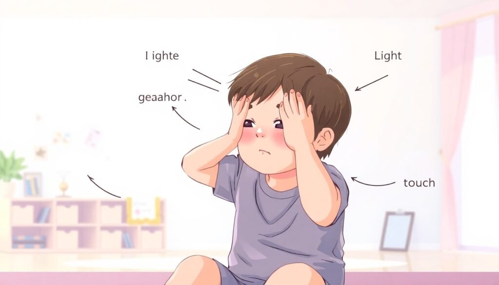 A realistic illustration of a child sitting in a brightly lit room, covering their ears and eyes in response to overwhelming sensory stimulation, with visual cues for noise, light, and touch surrounding them.