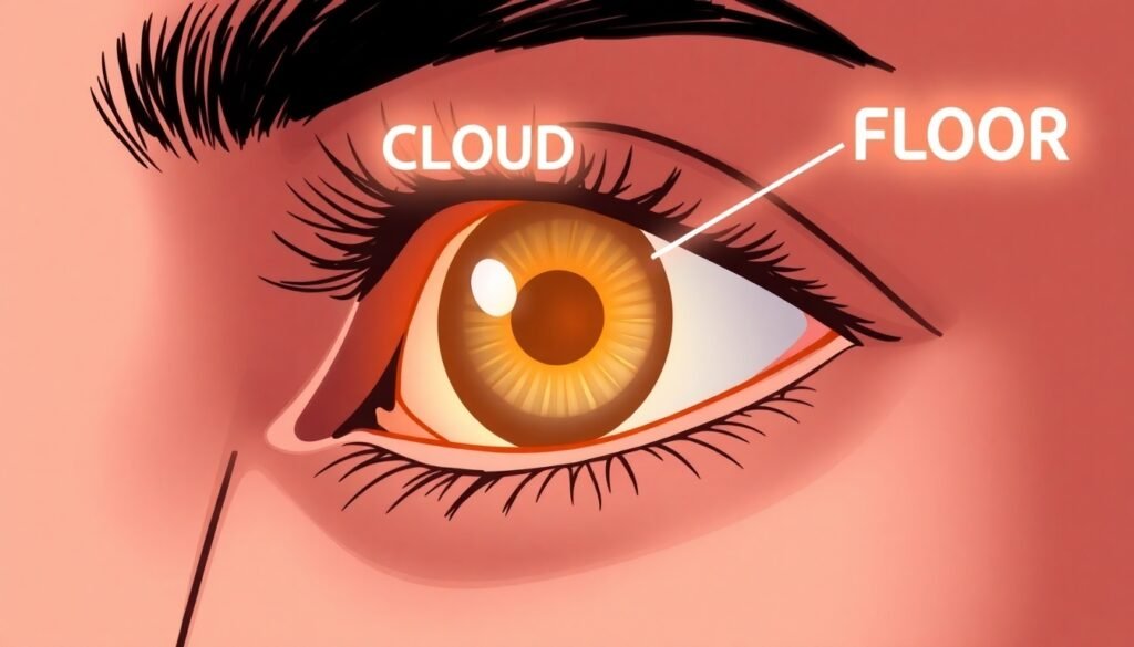 A realistic illustration of a human eye looking at a screen, with faint, glowing words like 'CLOUD' and 'FLOOR' subtly influencing the direction of the gaze towards the top and bottom of the screen, representing the concept of lexical priming of space.