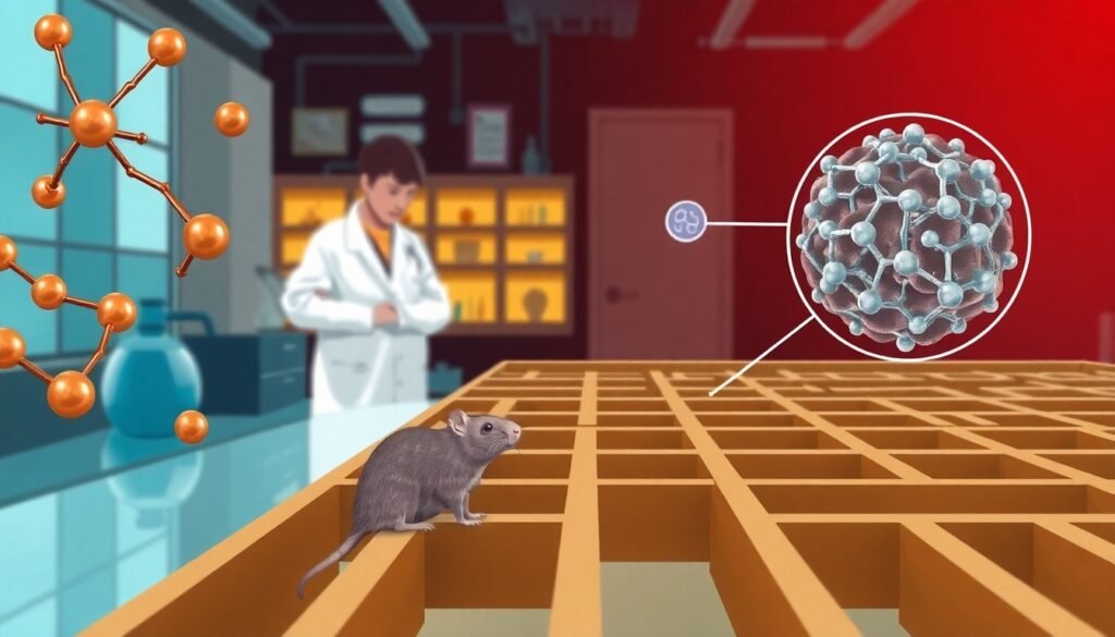 A realistic illustration showing a scientific laboratory scene where researchers study a rat in a maze, with molecular structures representing copper chelators and a schematic depiction of amyloid plaques in the background.