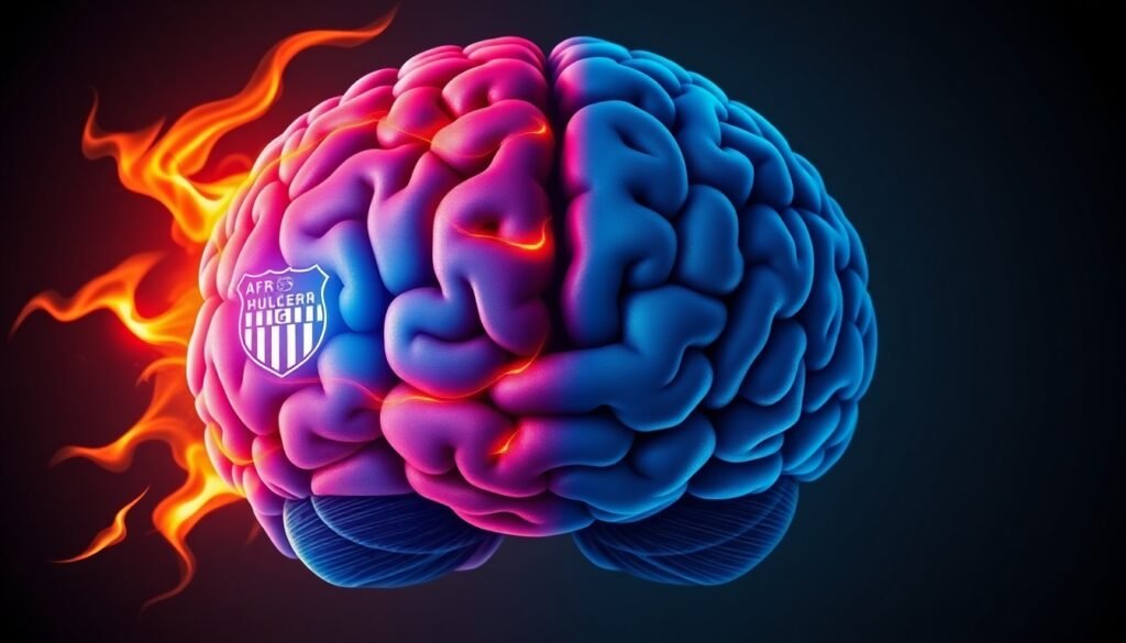A realistic illustration of a human brain with one hemisphere glowing with the fiery colors of a soccer team's emblem, representing passion, while the other hemisphere is a cool, analytical blue, depicting the struggle between emotion and control.