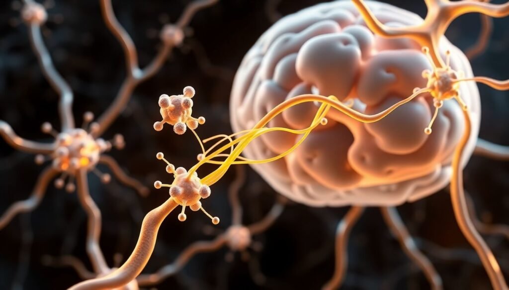 A realistic illustration of neurons in the brain with molecular clusters representing spermine interacting with amyloid protein strands, visualized as light-colored spaghetti-like fibers being gently held together by spermine in a cellular environment.