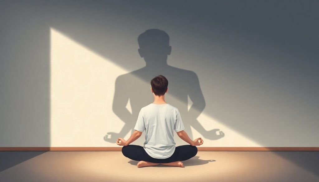 A realistic illustration of a person meditating in a serene environment, but their shadow on the wall behind them appears distorted and anxious, symbolizing the hidden psychological distress that can accompany the practice.