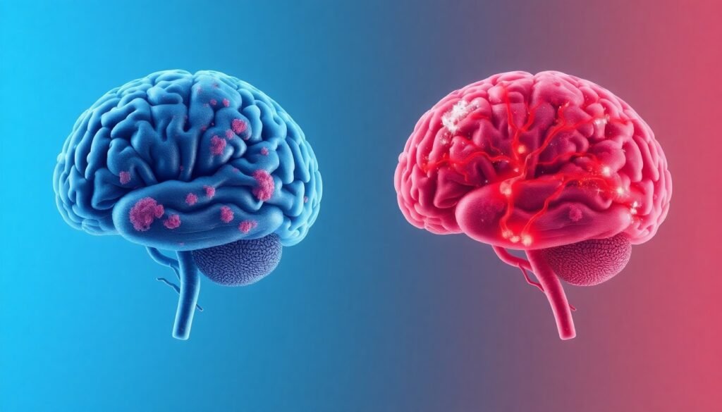 A realistic illustration of the human brain, with one half showing clogged, plaque-ridden neural pathways and the other half showing clearer pathways, but with the underlying vascular structure still appearing damaged and inflamed, representing the persistent impairment of the glymphatic system.