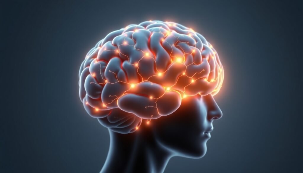 A realistic illustration of the human brain with a glowing neural network highlighting the cerebellum, symbolizing its connection to social cognition and shyness