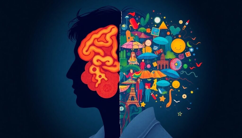 A realistic illustration of a scientist's silhouette, with one half showing a detailed brain scan and the other half showing a complex, colorful tapestry of personal experiences and emotions, symbolizing the integration of scientific knowledge and lived experience