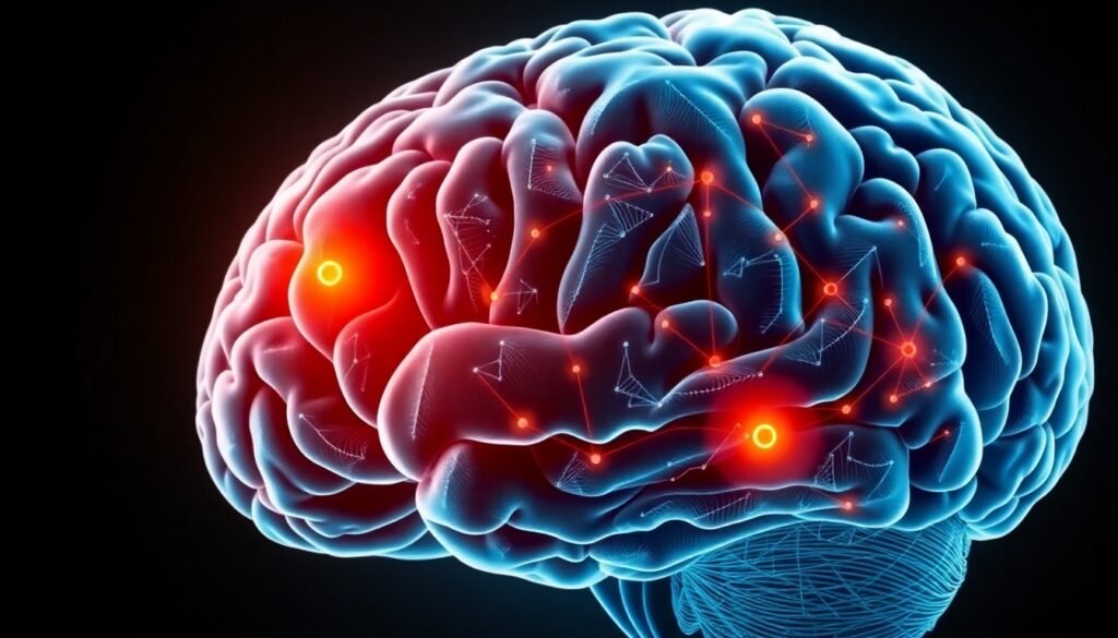 A realistic illustration showing connected networks of brain regions—highlighting the temporal, cingulate, and insular lobes—in a human brain, representing the spread of structural damage in schizophrenia.