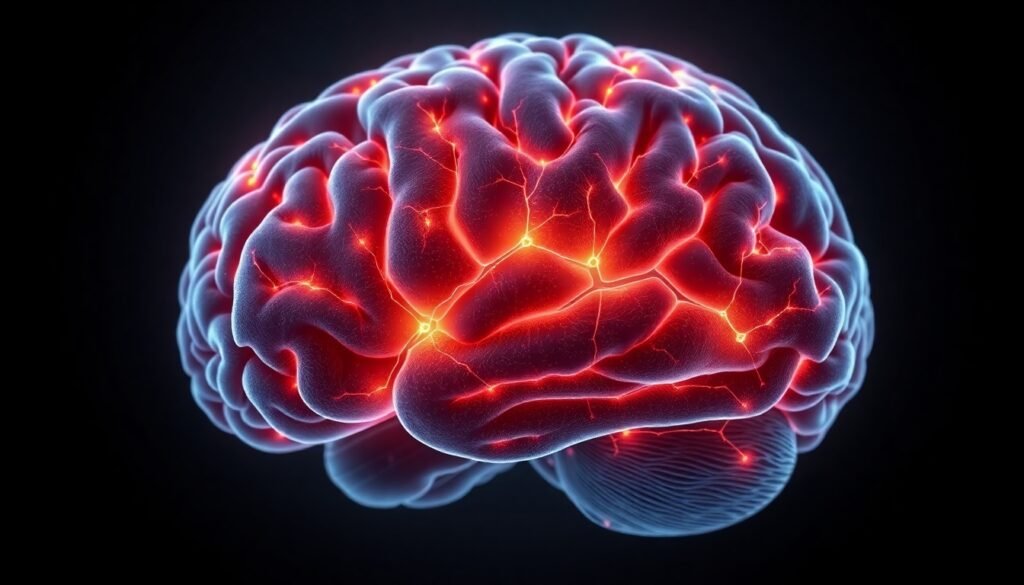 A realistic, detailed illustration of the human brain with a glowing neural pathway connecting the orbitofrontal cortex to the striatum, symbolizing the protective BDNF circuit against alcohol.
